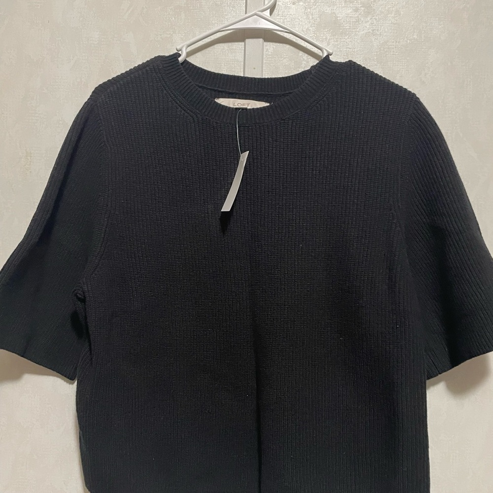 LOFT Black Ribbed Short-Sleeve Knit Top